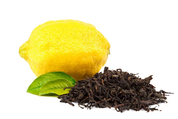 Lemon and leaf black tea isolated on white background — Stock Photo, Image