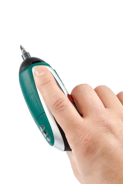 Electric screwdriver in hand on white background. — Stock Photo, Image