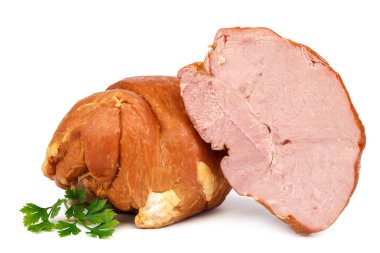 Beyaz arka planda izole edilmiş tütsülenmiş et