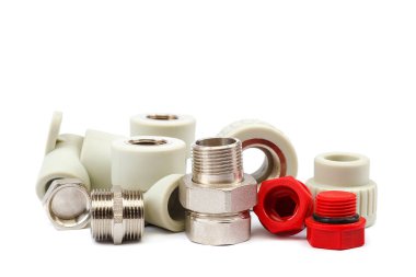 Set of metal-plastic plumbing couplings, adapters, plugs clipart