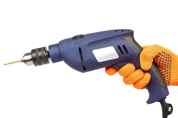 Hammer drill or screwdriver in hand on white — Stock Photo, Image