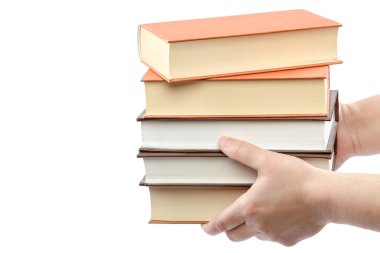 Kadın kitap yığını beyaz arka plan üzerinde eller