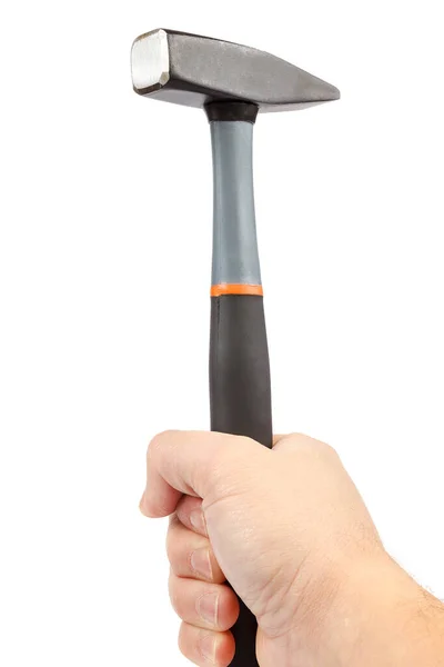 Moderner Hammer in männlicher Hand isoliert auf weißem Hintergrund — Stockfoto