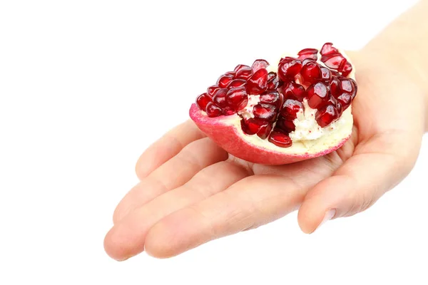 白い背景に孤立した女性の手にザクロの果実 — ストック写真