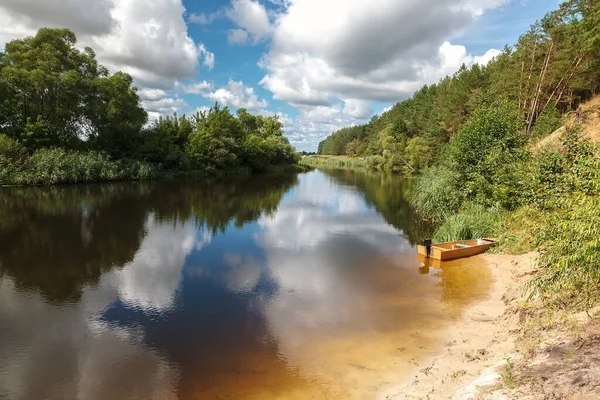 Sauberer Fluss Mit Sandigem Ufer Waldrand Vor Blauem Himmel Mit — Stockfoto