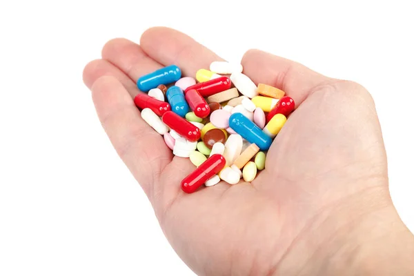 Tabletter Kapslar Handen Isolerade Vit Bakgrund Läkemedel — Stockfoto
