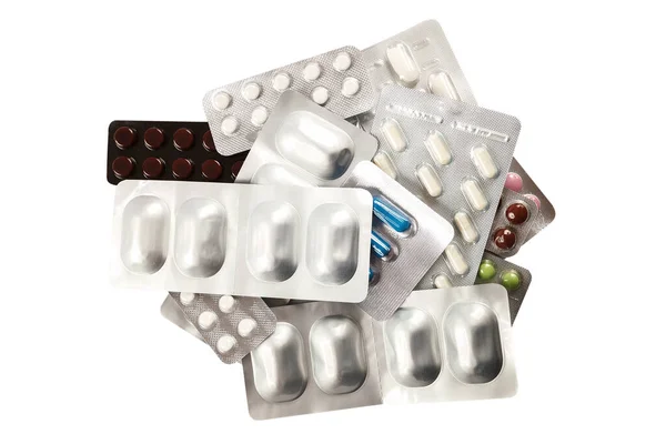 Χάπια Συσκευασίες Κυψελών Που Απομονώνονται Λευκό Φόντο — Φωτογραφία Αρχείου