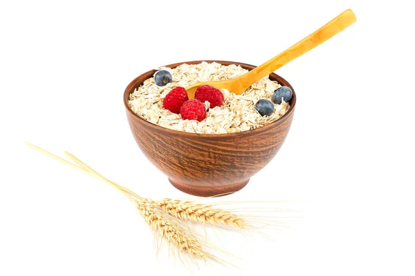 Fresh Blueberries Raspberries Waffle Cookies Oatmeal Bowl Wooden Spoon Isolated — Stock Photo, Image