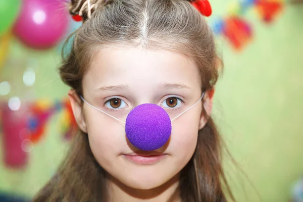 Beautiful Little Girl Clown Nose Her Birthday — Stock Photo, Image