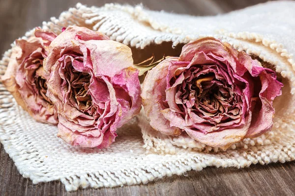 木制底座上的干玫瑰 — 图库照片