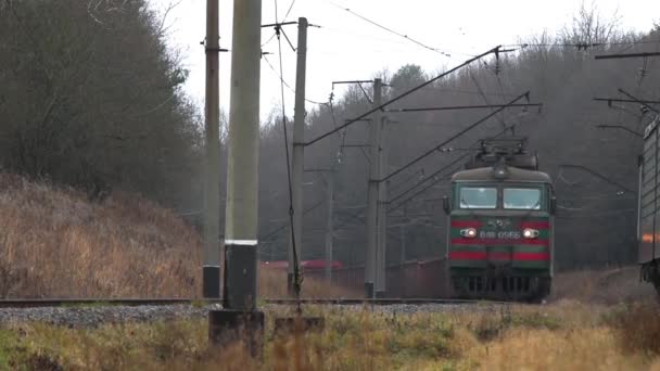 Lange goederentreinen ontmoeten op de rails in Oekraïne - November 2014 — Stockvideo