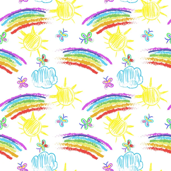 Niños Doodles Patrón sin costuras con arco iris —  Fotos de Stock