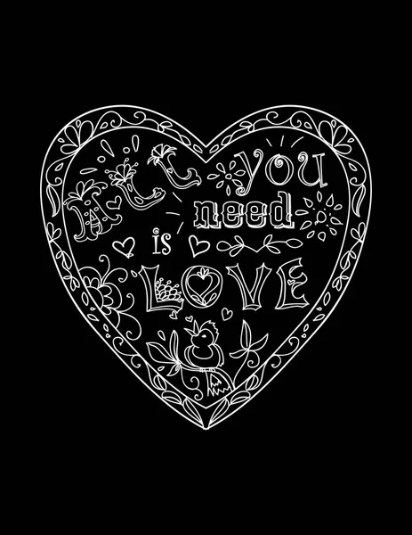 Coloriage décoratif avec cadre en forme de coeur tout ce dont vous avez besoin est l'amour noir et blanc — Image vectorielle