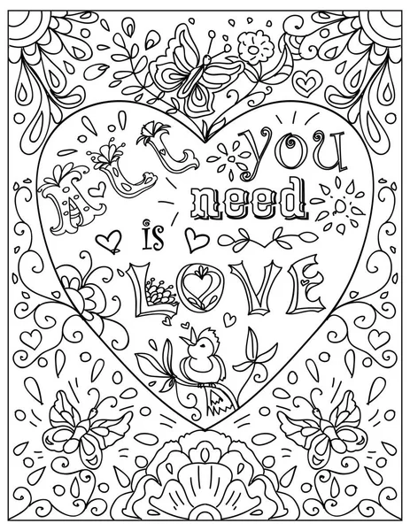 Coloriage décoratif avec cadre en forme de coeur tout ce dont vous avez besoin est l'amour noir et blanc — Image vectorielle