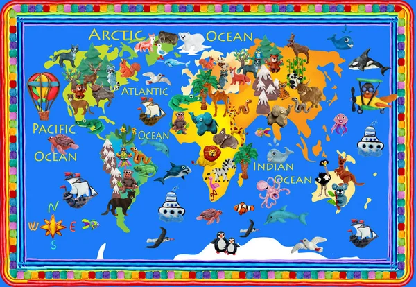 World  animals plasticine colorful kids 3d map — Stock Photo, Image