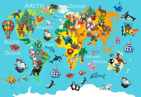 Monde animaux plasticine coloré enfants carte 3d — Photo