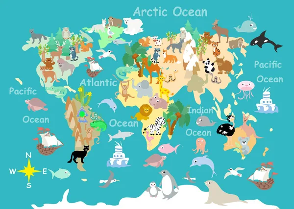 Plano mundo animales dibujos animados niños mapa —  Fotos de Stock