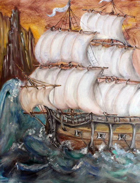 Sail ship in storm fine art oil painting
