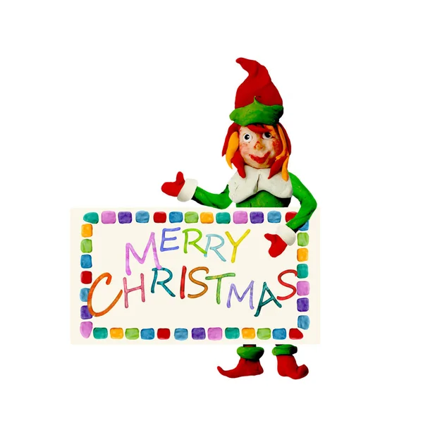 Plasticine 3D greeting card with elf and blank text space — Stock Photo, Image