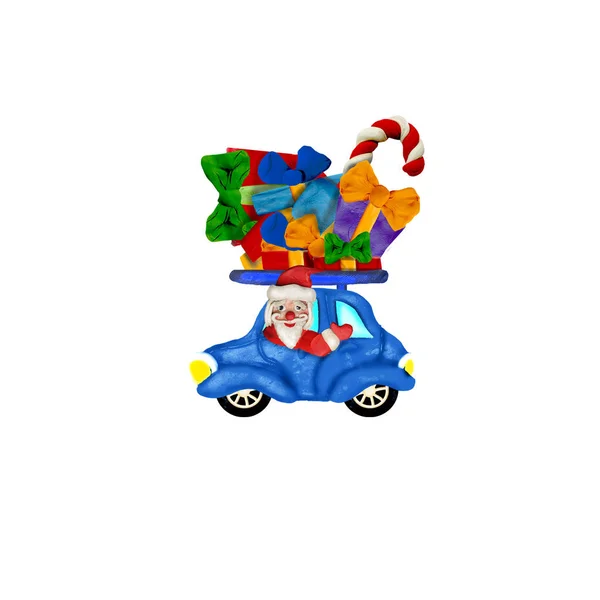 Santa Conducir Coche Wirh Regalos Navidad Escultura Plastilina Dibujos Animados — Foto de Stock