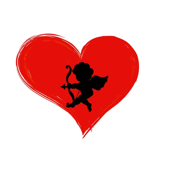 Valentines Day Hand Drawn Red Hearts Cupid Silhouette Isolated White — Stock Photo, Image