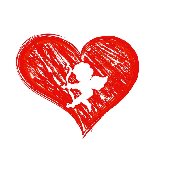 Saint Valentin Coeurs Rouges Dessinés Main Avec Silhouette Cupidon Isolé — Photo