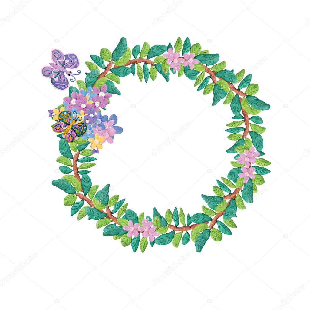 Plasticine 3D  floral  frame isolated on white