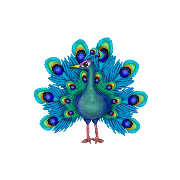 Plasticine Peacock Bird Cartoon Character Sculpture Rendering Isolated White Background — Stock Photo, Image