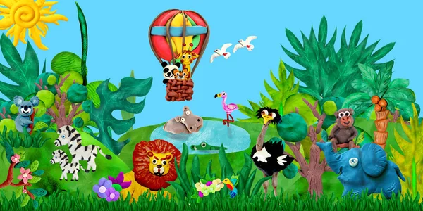 Traveling  by air balloon Zoo animals 3D rendering children banner illustration