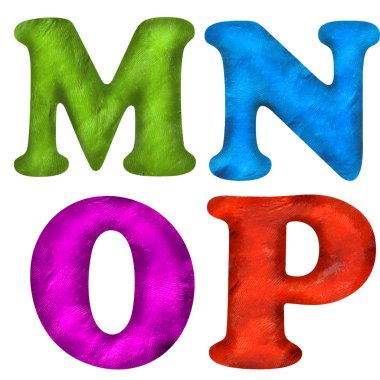 3D render hamuru üzerine beyaz izole Abc alfabesi harfleri simgeler dokulu