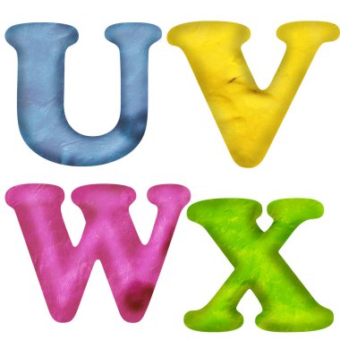 3D render hamuru üzerine beyaz izole Abc alfabesi harfleri simgeler dokulu