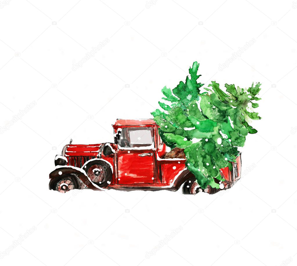 Watercolor hand drawn artistic colorful retro vintage car  pickup with Christmas  tree isolated on white background