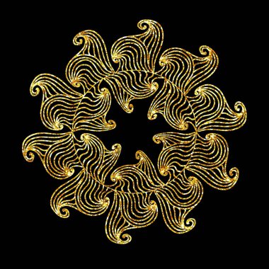 Parlak el, siyah arka planda izole edilmiş sanatsal mandala ışıltılı nesne.