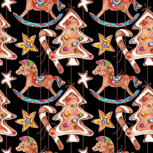 クリスマスジンジャーブレッドクッキーキャンディードラァグロリポップ水彩手描き芸術ヴィンテージシームレスパターン — ストック写真
