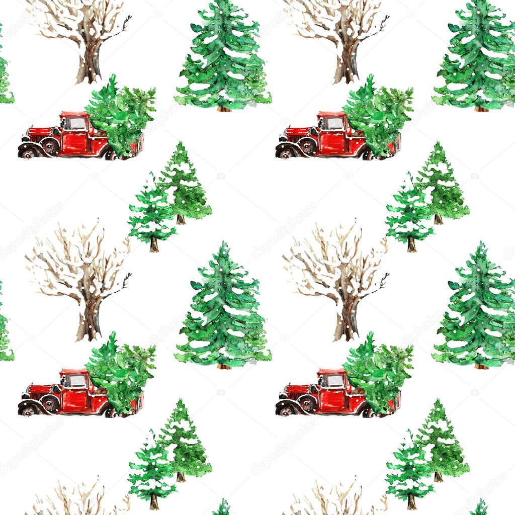 Christmas Watercolor hand drawn artistic colorful retro vintage truck pickup car with Christmas tree seamless pattern 