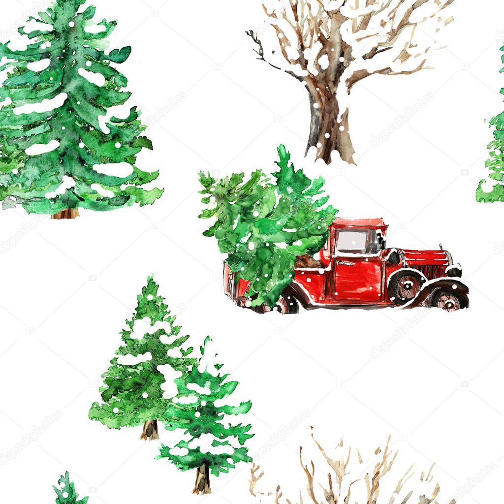 Christmas Watercolor hand drawn artistic colorful retro vintage truck pickup car with Christmas tree seamless pattern 
