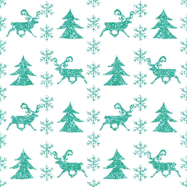 Watercolor Glitter Scandinavian Christmas Seamless Pattern Border Deers Pine Trees — Stockfoto