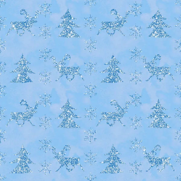 Watercolor Glitter Scandinavian Christmas Seamless Pattern Border Deers Pine Trees — Stock Photo, Image