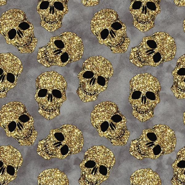 Golden Glitter sparkling ornamental Skull seamless pattern — Stock Photo, Image