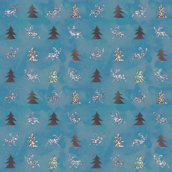 Watercolor Glitter Scandinavian Christmas Seamless Pattern Border Deers Pine Trees — Stockfoto