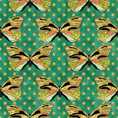 Tatil ışıltısı el çizimi sanatsal kelebek benekleri pırıl pırıl arka plan. 