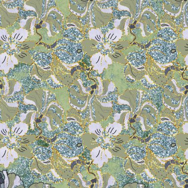 Soyut oryantal çiçek desenli simler suluboya arka planda pırıl pırıl parlıyor.