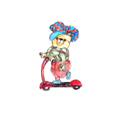 Beyaz arka planda izole edilmiş suluboya el çizimi sanatsal oyuncak ayı yavru hayvan ikonu