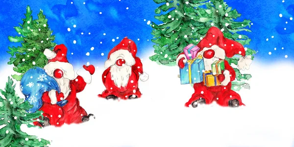 Akvarell Kézzel Rajzolt Norvég Aranyos Mikulás Törpék Erdőben Karácsonyi Üdvözlőkártya — Stock Fotó