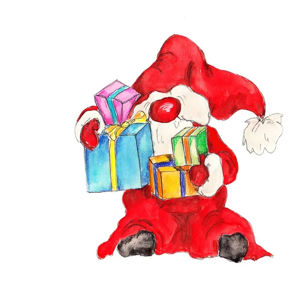 Aquarelle Dessinée Main Norvégien Mignon Santa Gnome Isolé Sur Blanc — Photo