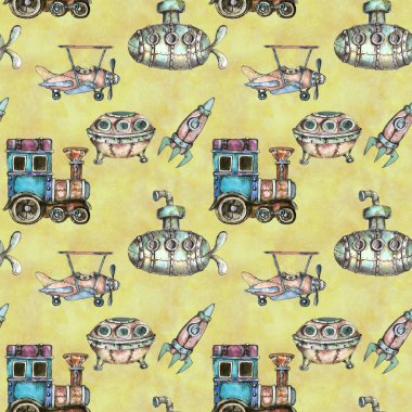 Suluboya el sanatsal retro steampunk araç vintage dikişsiz desen çizdi