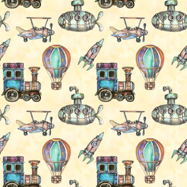 Suluboya el sanatsal retro steampunk araç vintage dikişsiz desen çizdi