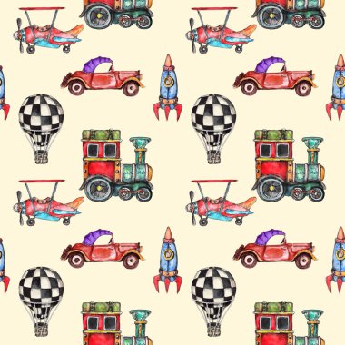 Suluboya el sanatsal retro steampunk araç vintage dikişsiz desen çizdi