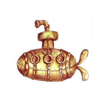 Beyaz arkaplanda izole edilmiş suluboya el çizimi sanatsal retro steampunk araç vintage simgesi
