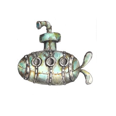 Beyaz arkaplanda izole edilmiş suluboya el çizimi sanatsal retro steampunk araç vintage simgesi